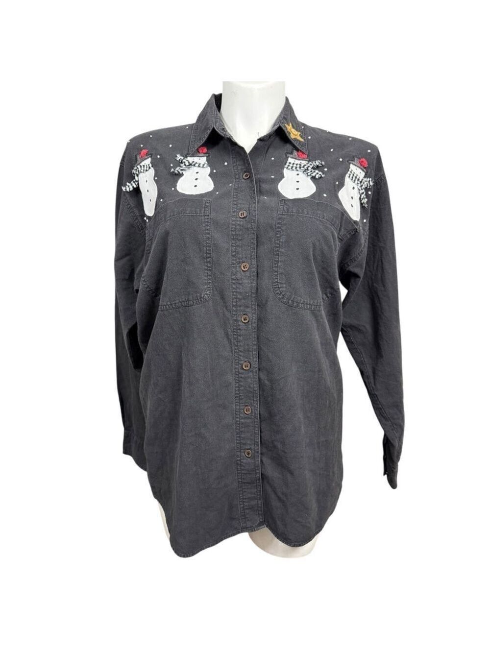 Blue Diamond Vintage Snowman Embroidered Button Down Shirt Black XL 100% Cotton